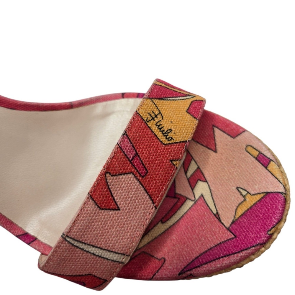 Emilio Pucci Y2K Raffia Espadrille Wedge Sandals 38 Pink Abstract Italy Tie Heel - Picture 4 of 16